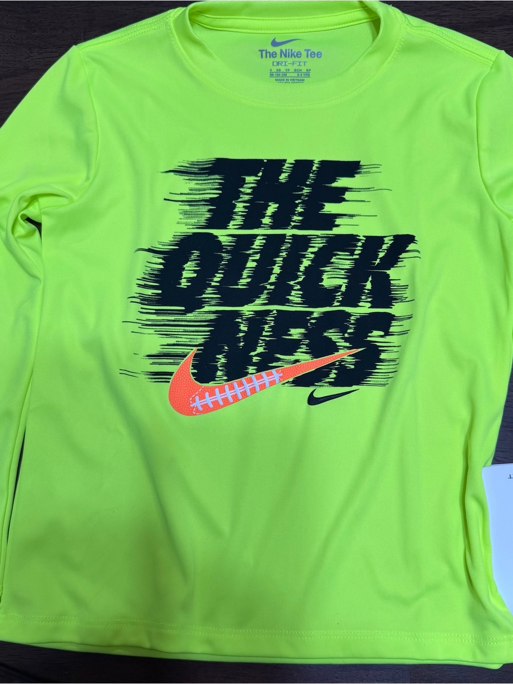 Nike Boys Neon Green Long Sleeve Tee with Black Graphic and Orange Swoosh